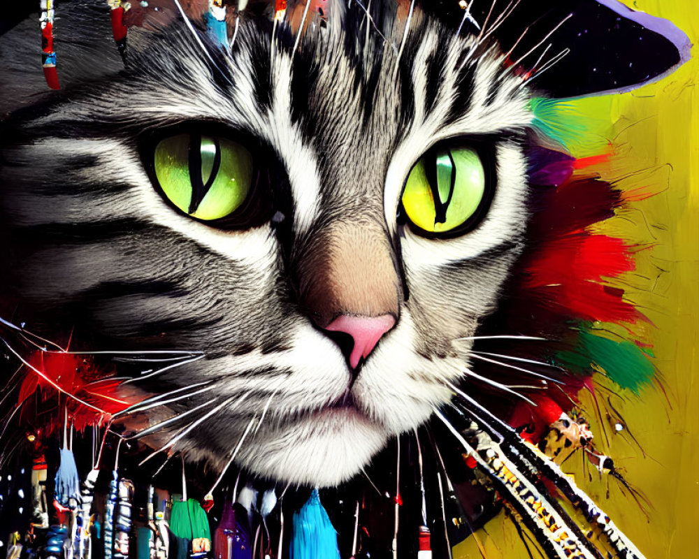 Vibrant Cat Artwork with Green Eyes and Beaded Hat