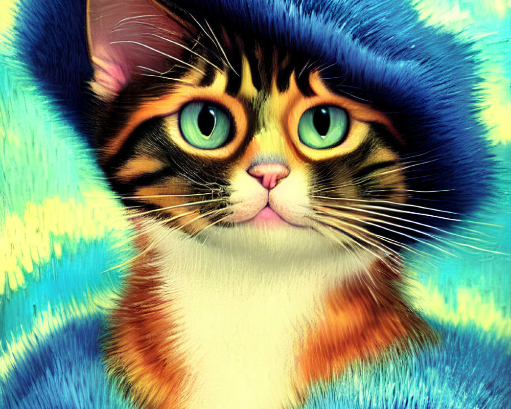 Colorful Digital Artwork: Cat with Green Eyes and Blue Hat on Van Gogh-Inspired