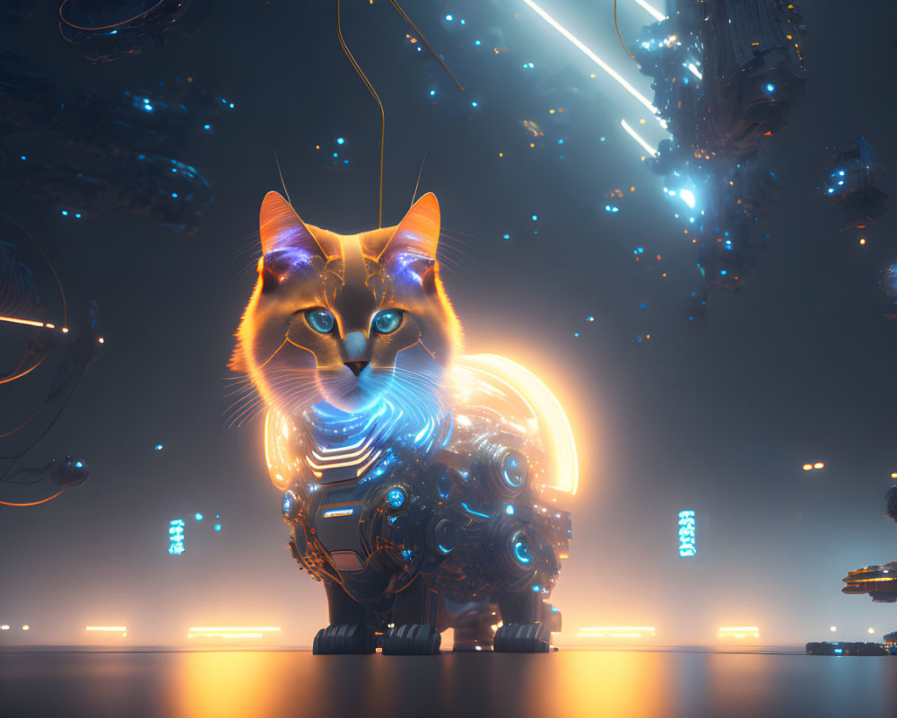 Futuristic cybernetic cat with glowing blue eyes in sci-fi city