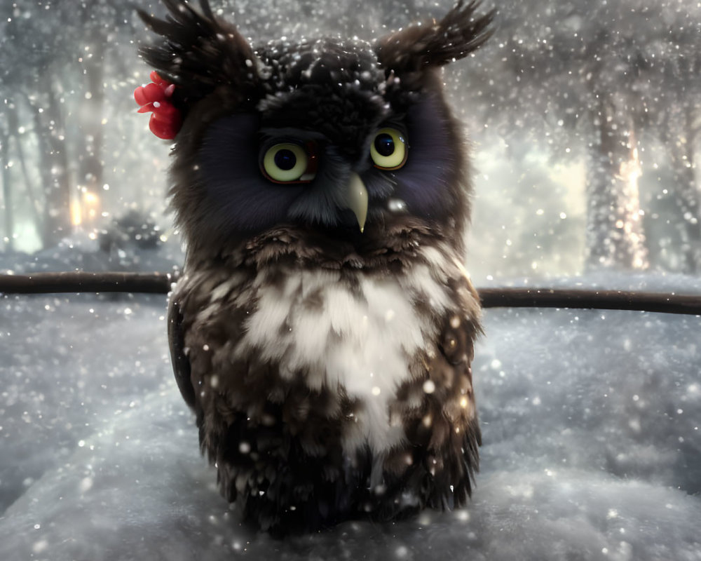 Illustrated owl with yellow eyes on wintry branch under falling snowflakes