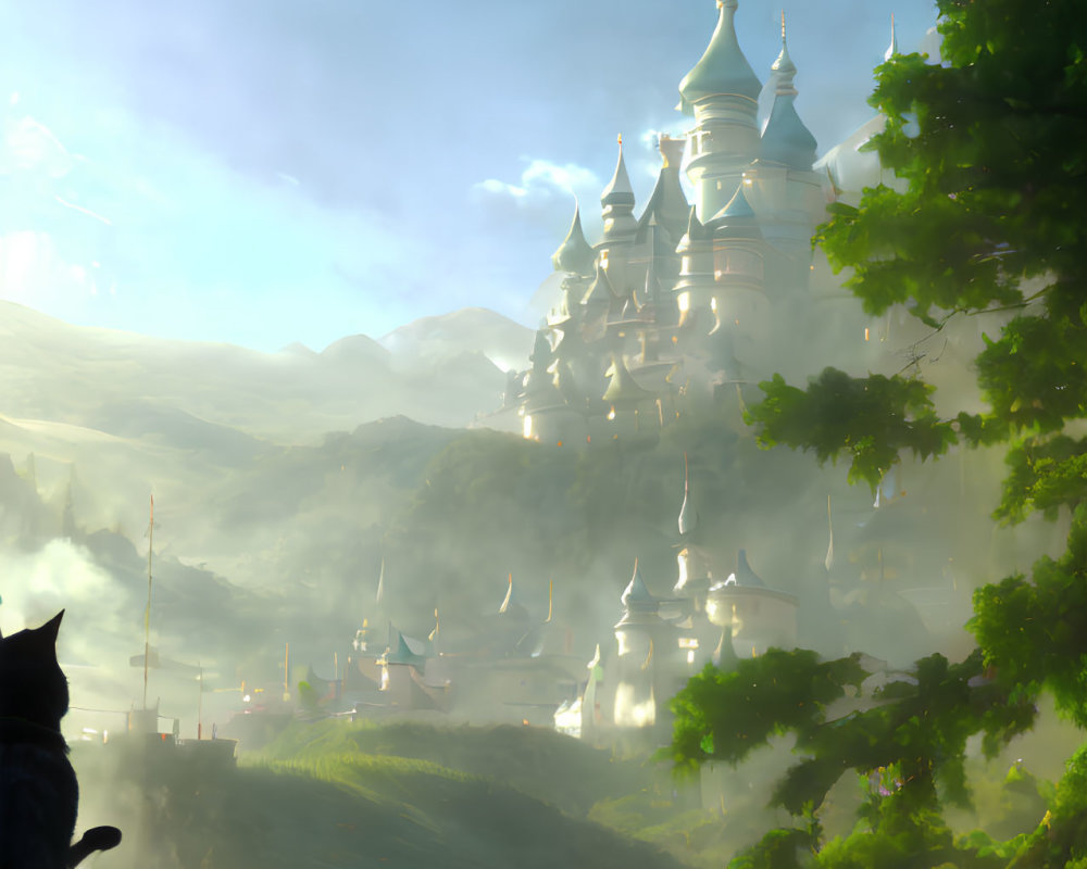 Majestic castle in misty mountains with cat silhouette