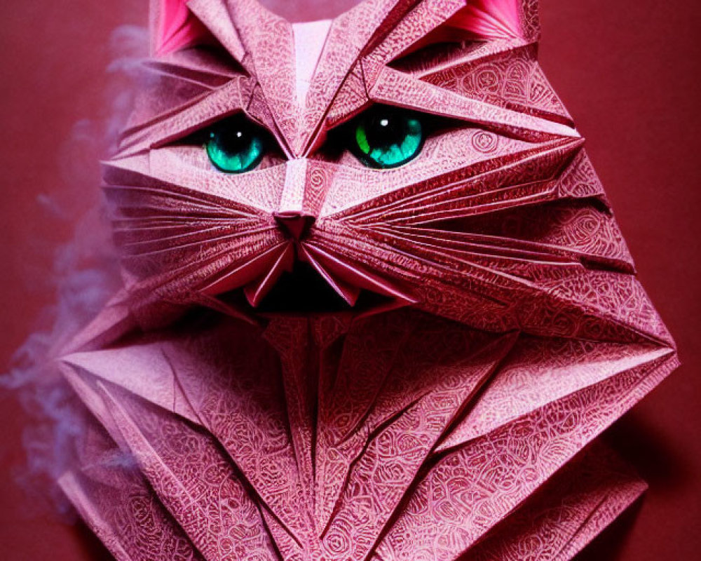 Detailed Origami Cat with Turquoise Eyes on Red Background