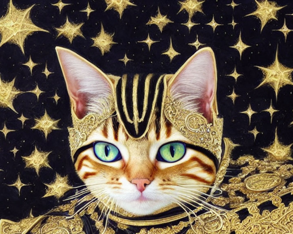 Digitally altered cat with blue eyes in golden headgear on starry background