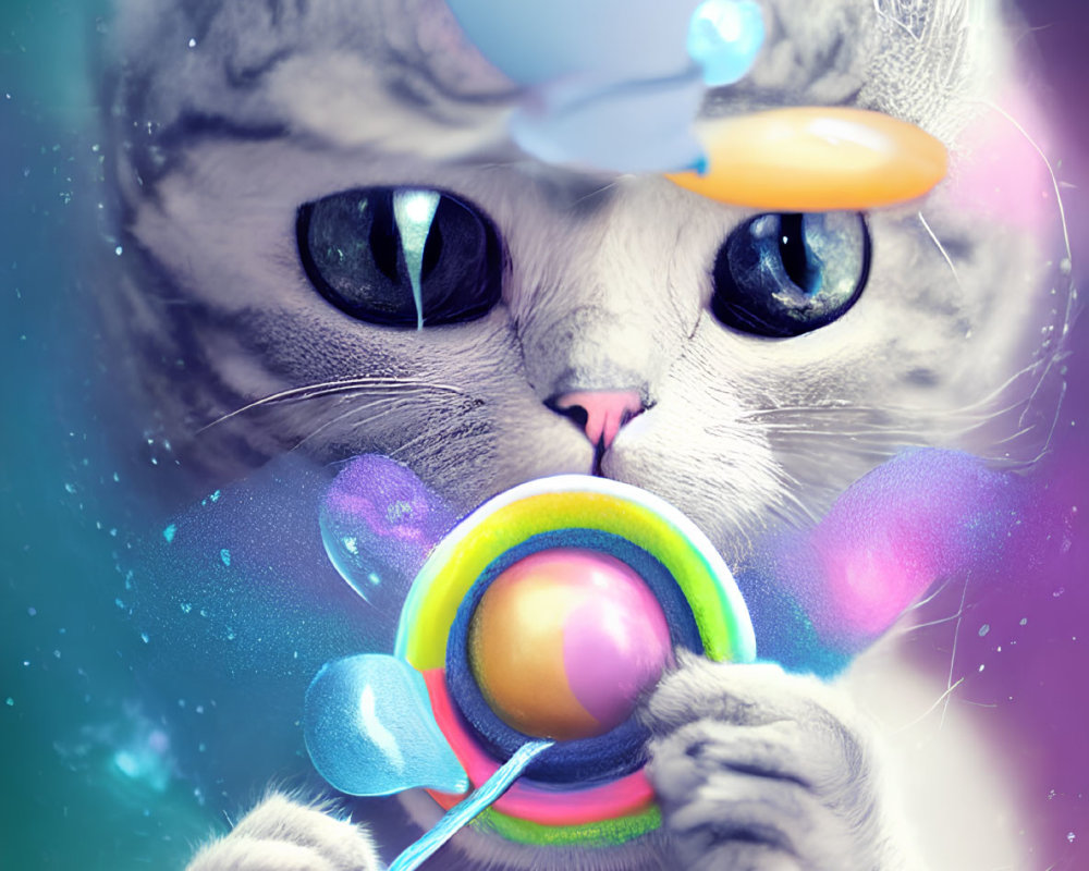 Gray Tabby Cat with Blue Eyes Blowing Soap Bubbles