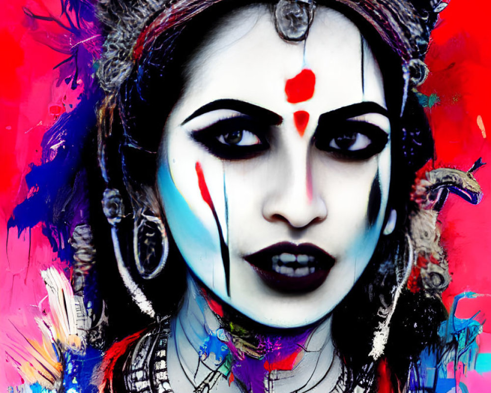 Edited portrait of woman with traditional headgear, blue and white makeup, red bindi, and vibrant