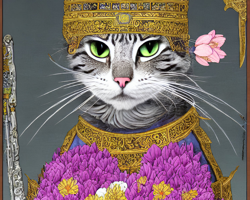 Majestic cat in golden crown and armor with purple flowers on grey background