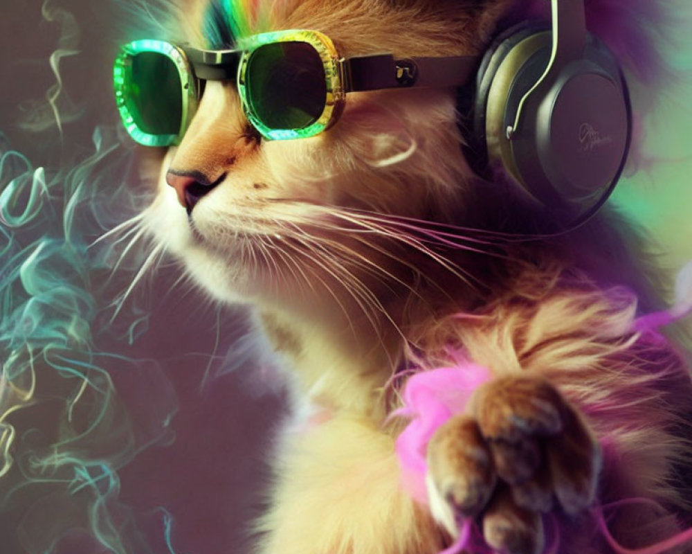 Vibrant cat with sunglasses and headphones in colorful smoke