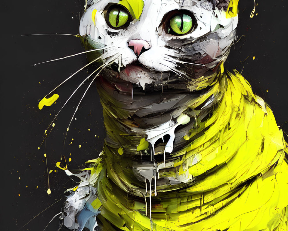Striking green-eyed cat with vibrant paint splashes on dark background