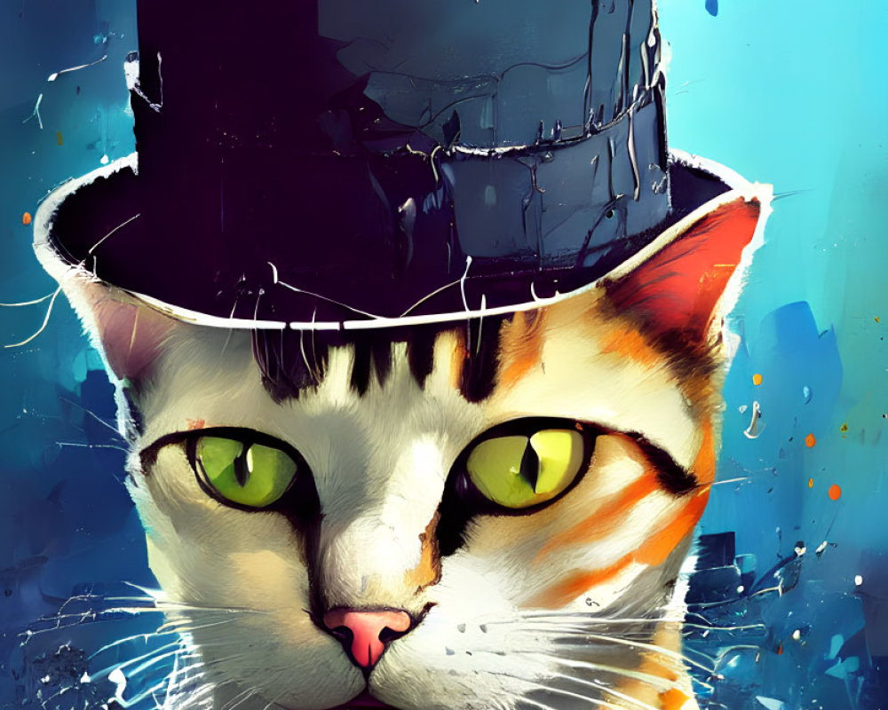 Digital illustration of cat with green eyes in top hat on blue background.