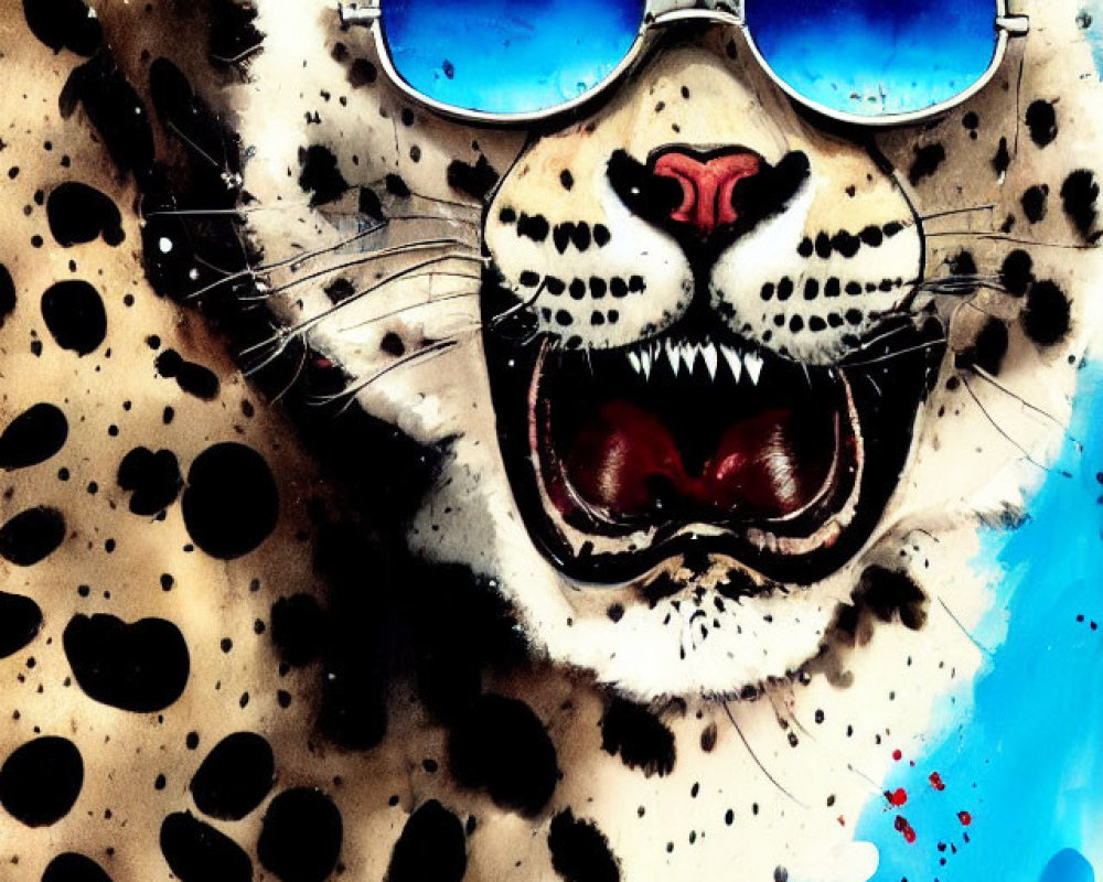 Colorful Leopard Artwork with Blue Sunglasses and Dynamic Spots