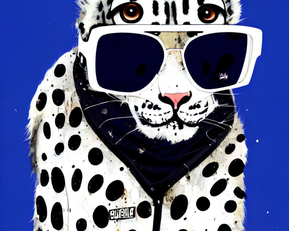 Stylized illustration of snow leopard with sunglasses and scarf on blue background
