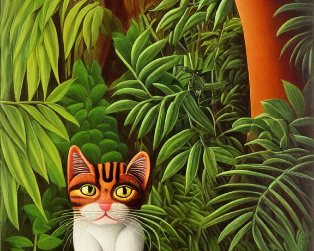 Stylized painting of cat with large eyes on tree branch in lush foliage