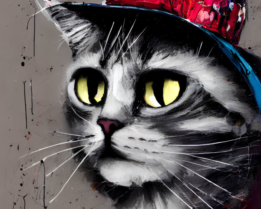 Colorful cap cat digital painting with yellow eyes on splattered background