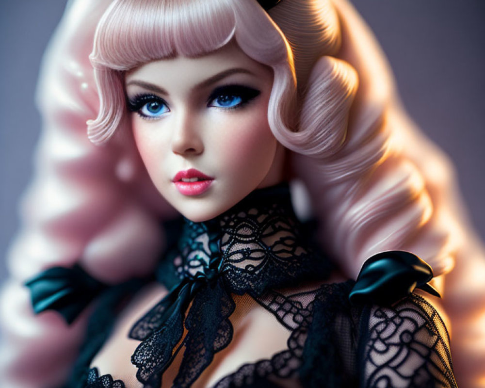 Detailed Close-Up of Doll with Blue Eyes & Pink Curly Hair in Black Lace Outfit