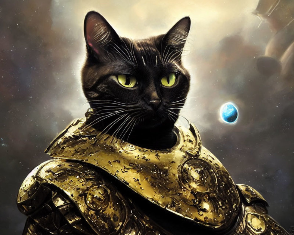 Black cat in golden armor against cosmic nebula.