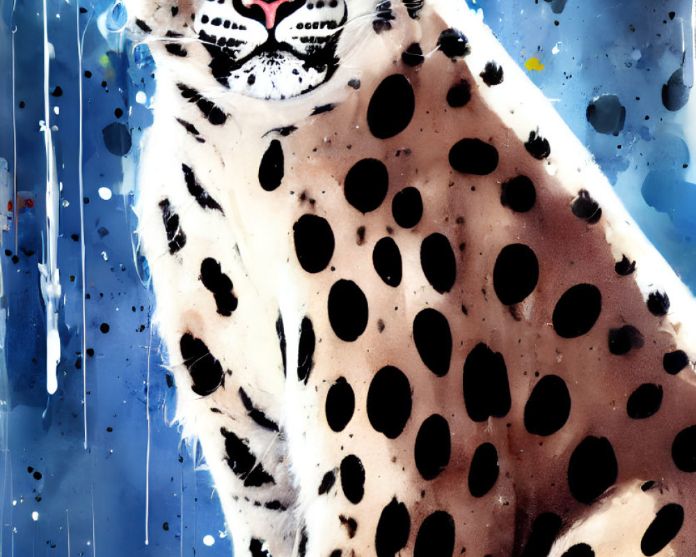 Snow leopard with sunglasses in front of blue paint splatters