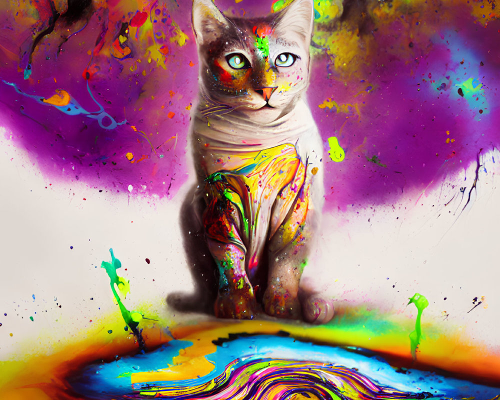 Vibrant digital artwork of a cat surrounded by colorful paint splatters