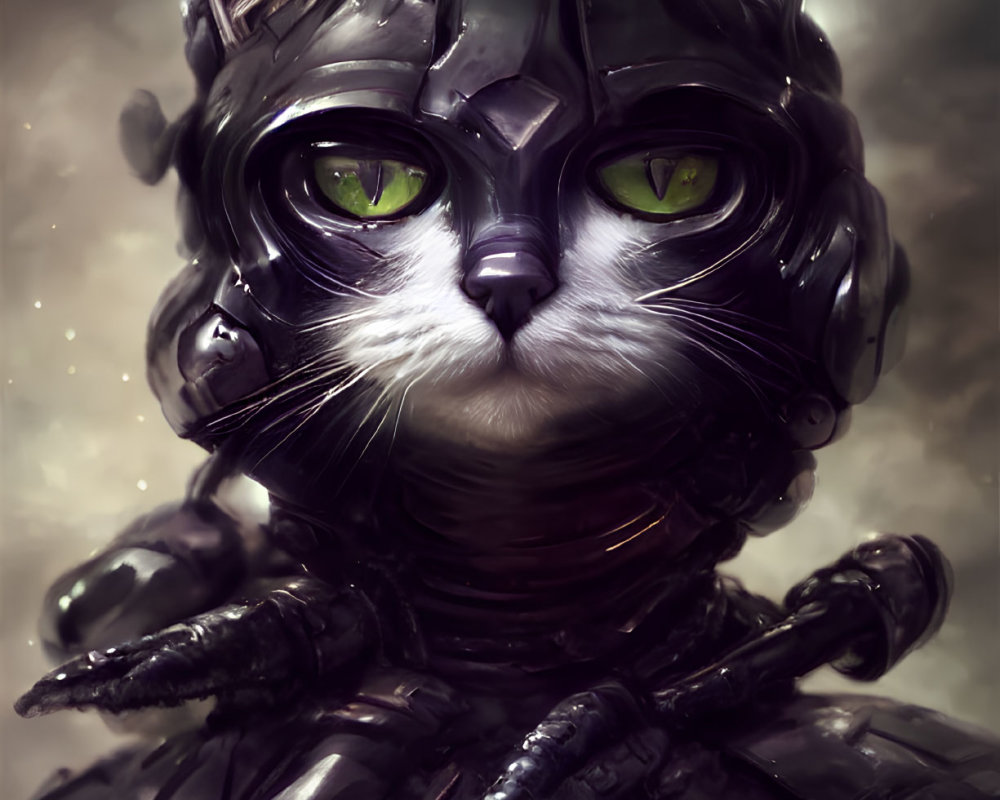 Digital artwork of a cat in futuristic armor with green eyes on starry backdrop