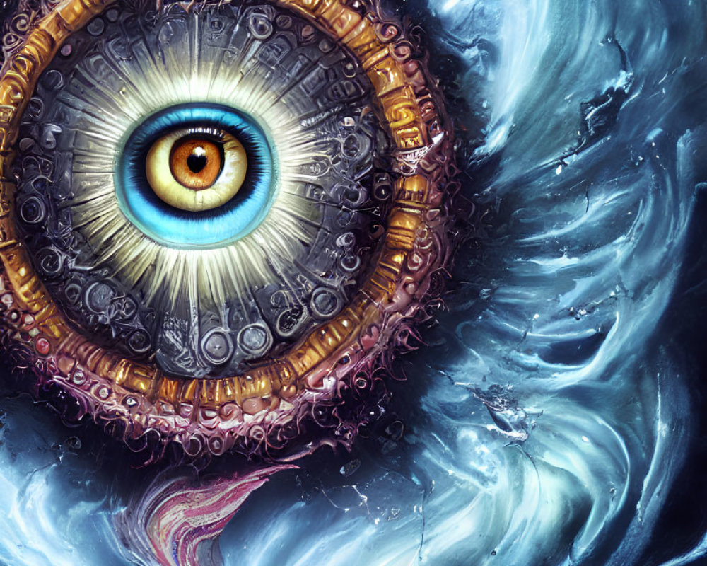 Surrealist painting with large ornate eye and swirling blue patterns