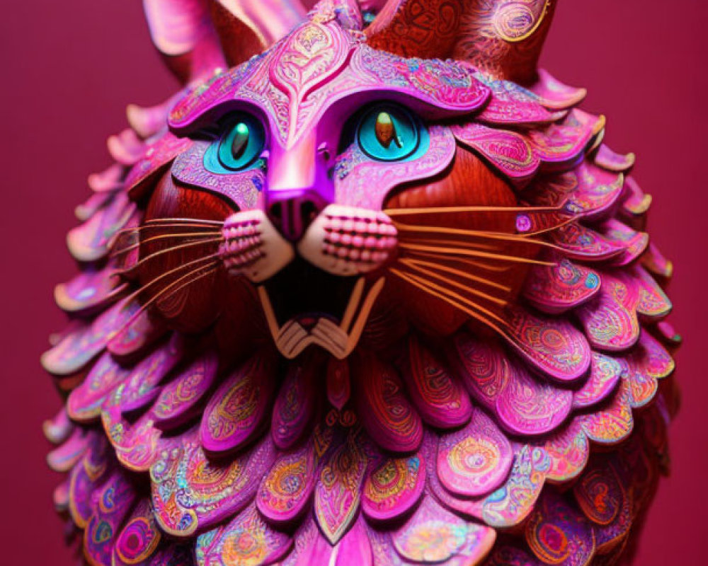Intricately Designed Pink and Purple Ornamental Cat with Orange Eyes