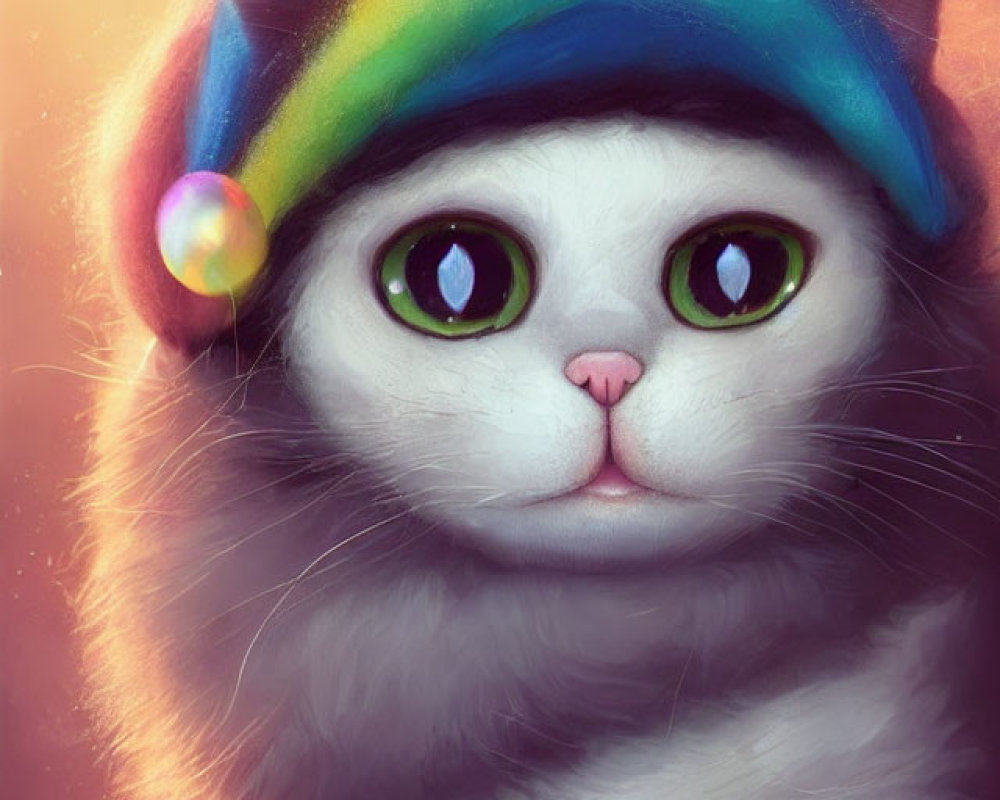 Fluffy Cat with Green Eyes in Rainbow Beanie on Warm Background