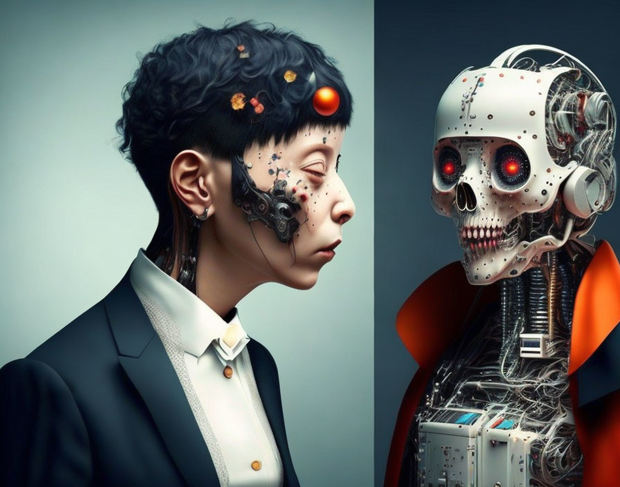 Human and humanoid robot contrast in split image with detailed robotic skull.