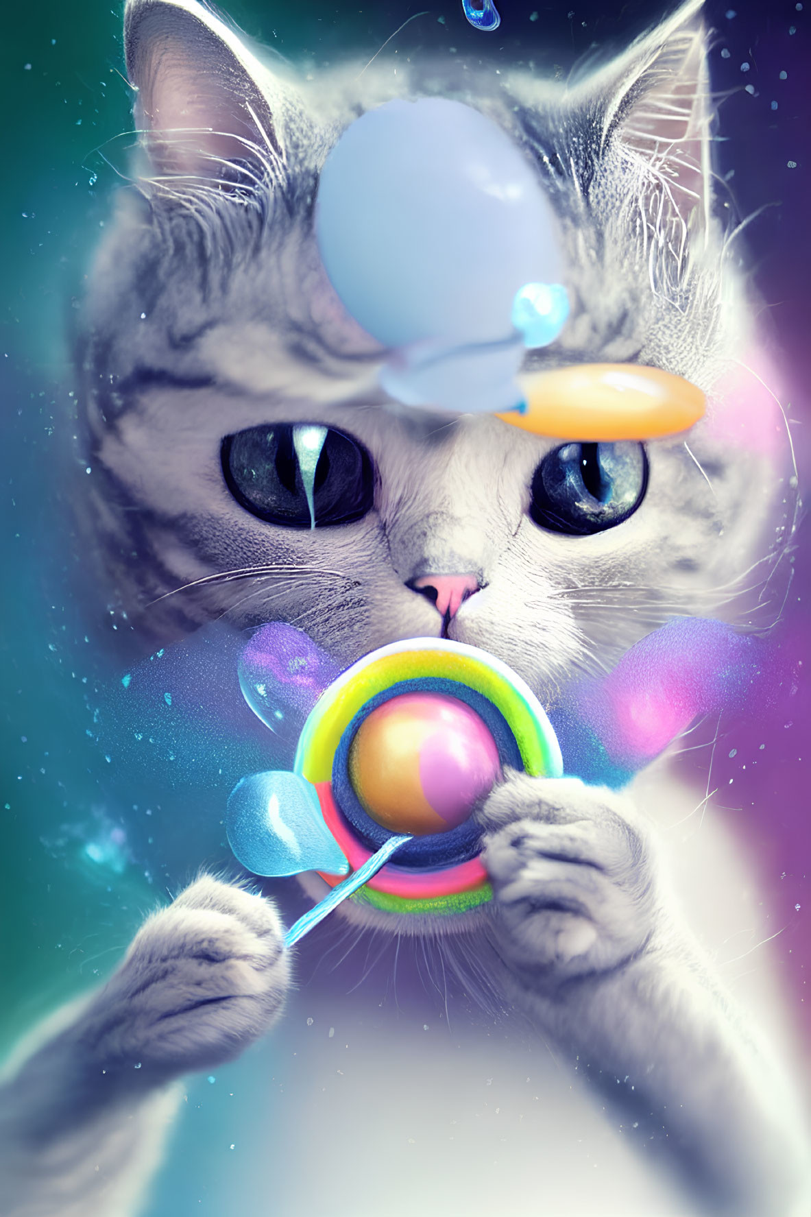 Gray Tabby Cat with Blue Eyes Blowing Soap Bubbles