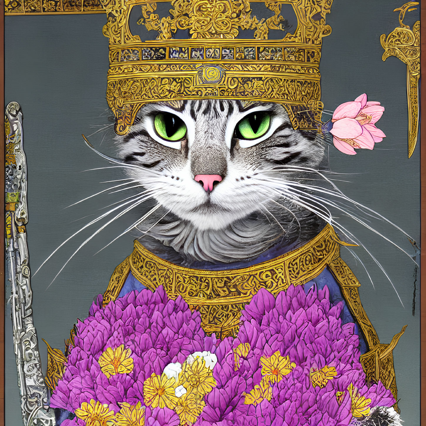 Majestic cat in golden crown and armor with purple flowers on grey background