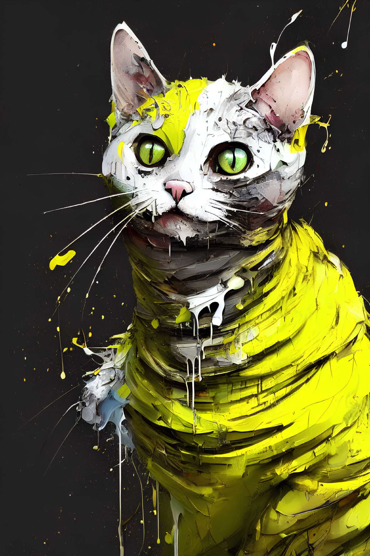 Striking green-eyed cat with vibrant paint splashes on dark background