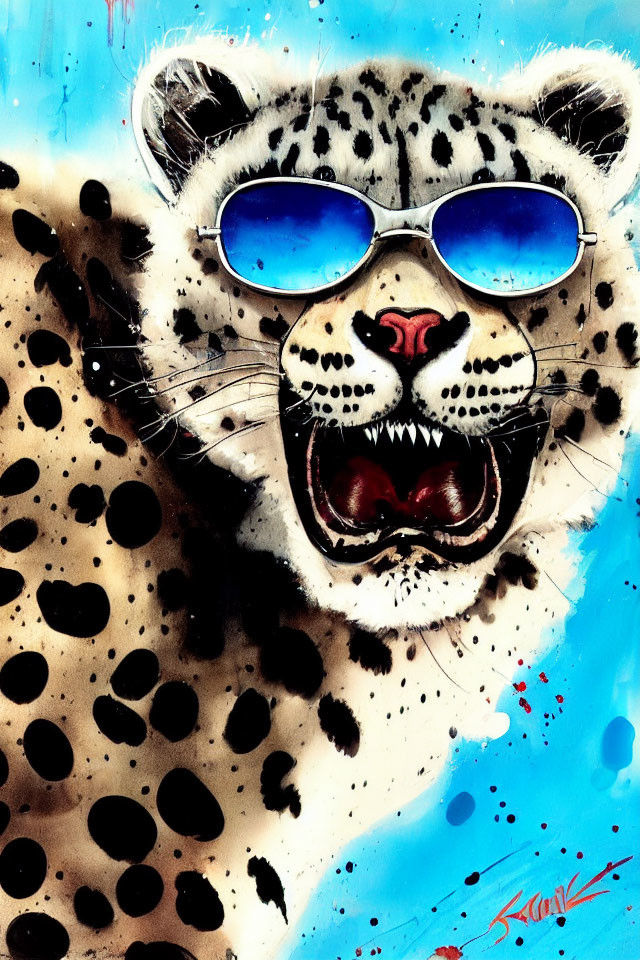 Colorful Leopard Artwork with Blue Sunglasses and Dynamic Spots