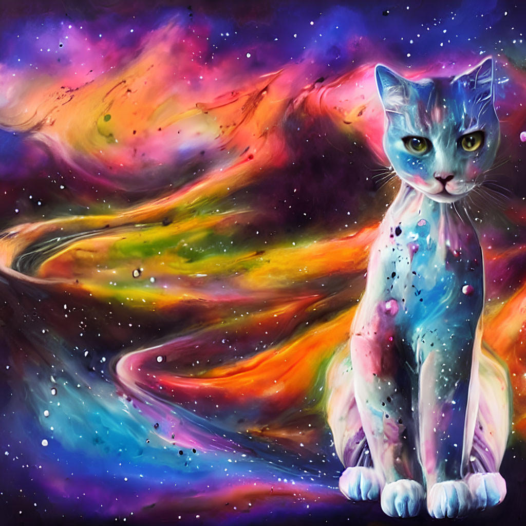 Colorful Cosmic Cat Painting with Nebula Pattern on Starry Background