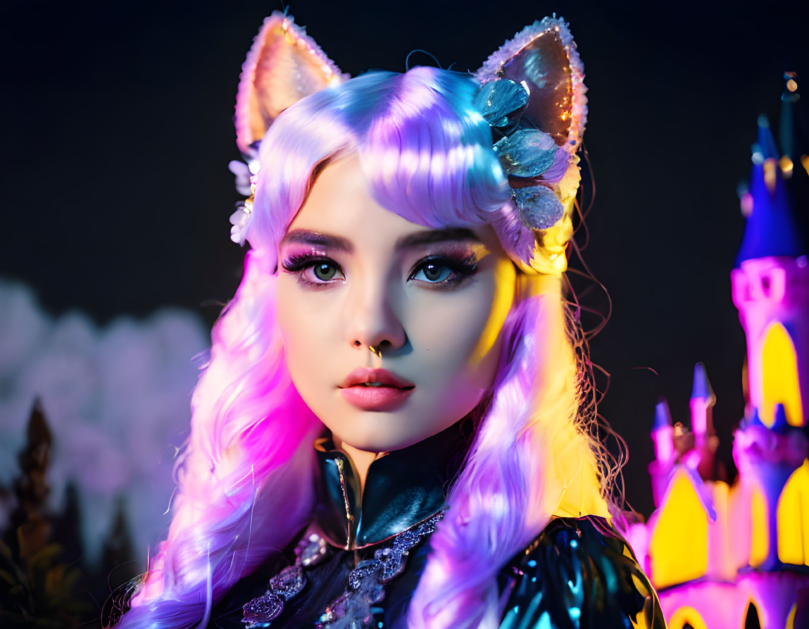 Person with Pastel-Colored Hair and Cat Ears in Fantasy Setting