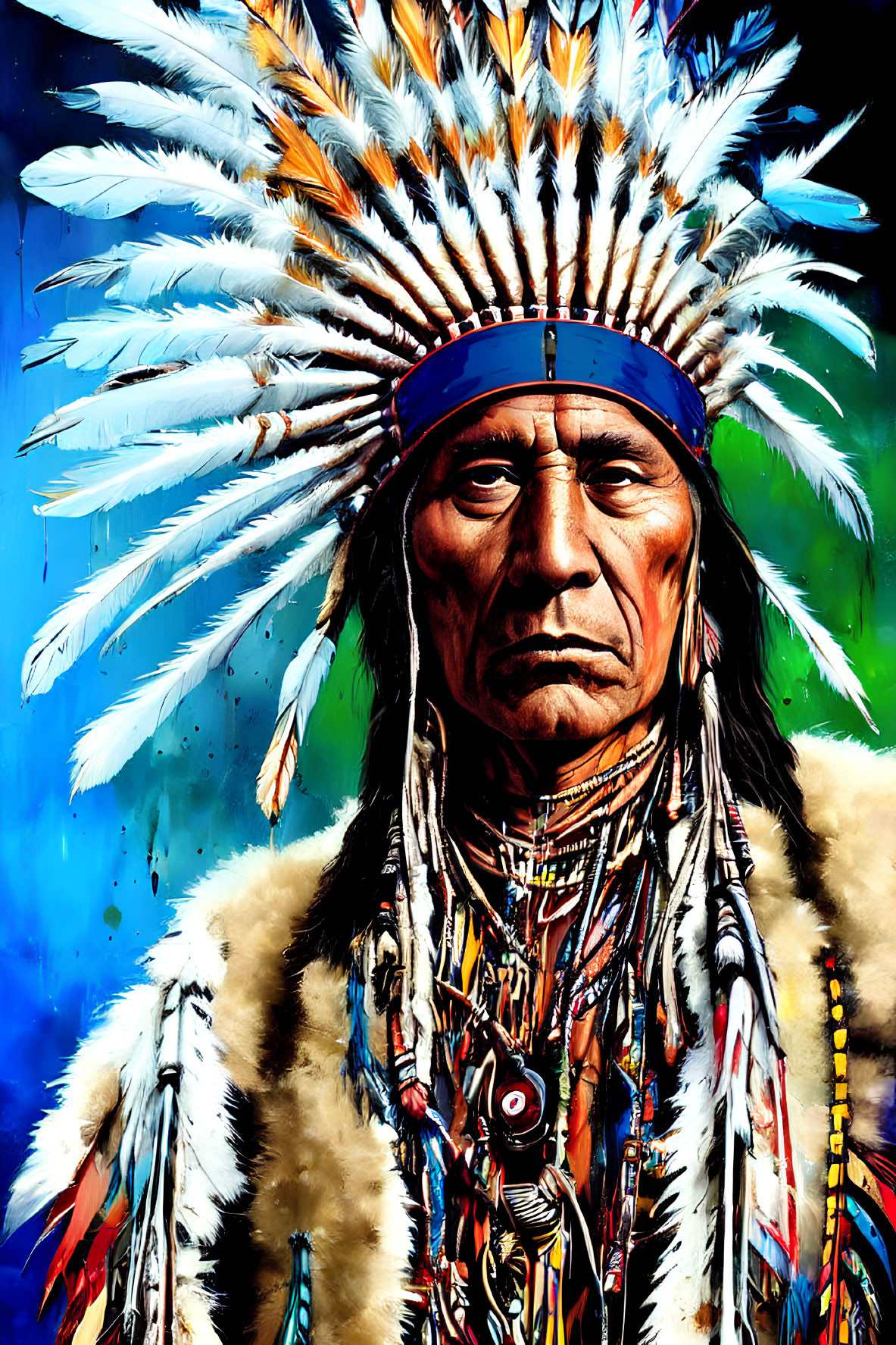 Colorful illustration of a person in Native American headdress & regalia