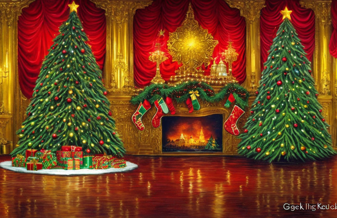 Festive Christmas room with decorated trees, stockings, and gifts