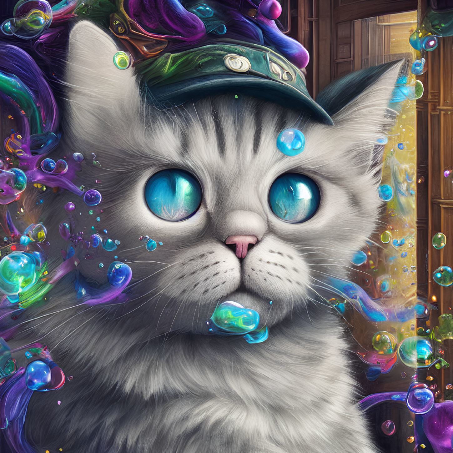 Gray Cat with Blue Eyes Wearing Wizard Hat in Colorful Scene