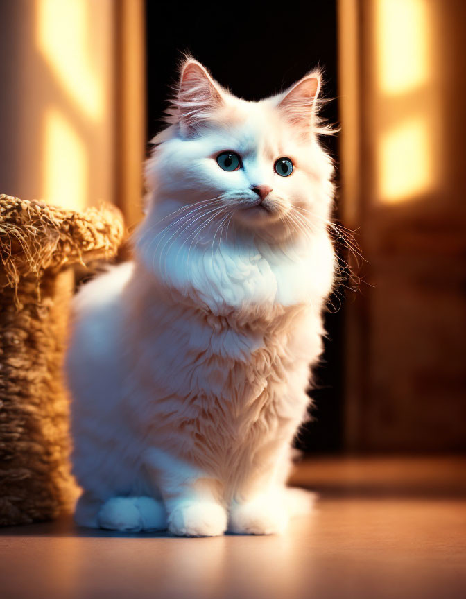 Fluffy White Cat with Blue Eyes Beside Doorway in Golden Light