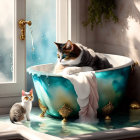 Two cats in luxurious bathtub with floating water droplets