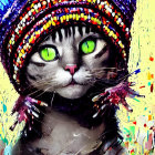 Colorful Sequined Hat Cat with Green Eyes on Vibrant Yellow Background