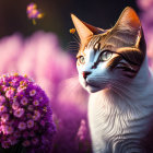 Tabby cat with striking markings in vibrant purple flowers and warm sunlight.