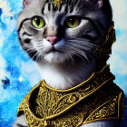 Digital Artwork: Cat with Green Eyes in Golden Armor on Cosmic Background