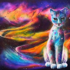 Colorful Cosmic Cat Painting with Nebula Pattern on Starry Background