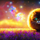 Fluffy cat with halo under twilight sky in golden field