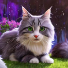 Fluffy Maine Coon Cat with Green Eyes in Garden with Purple Flowers
