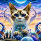 Colorful Artwork: Cat with Blue Eyes in Swirling Water