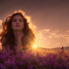 Woman surrounded by purple flowers with flowing hair, gazing under golden sunset.