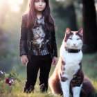 Young girl with large cat under sunlight outdoors