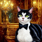 Black and white cat with bow tie in elegant room with chandelier and golden frames