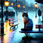 Cat on Park Bench at Dusk Surrounded by Snowfall and Bokeh Lights