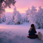 Person with White Dog Watching Pink Sky Over Snowy Trees