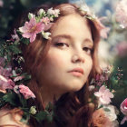 Young woman with floral crown in dreamy setting among pink blossoms